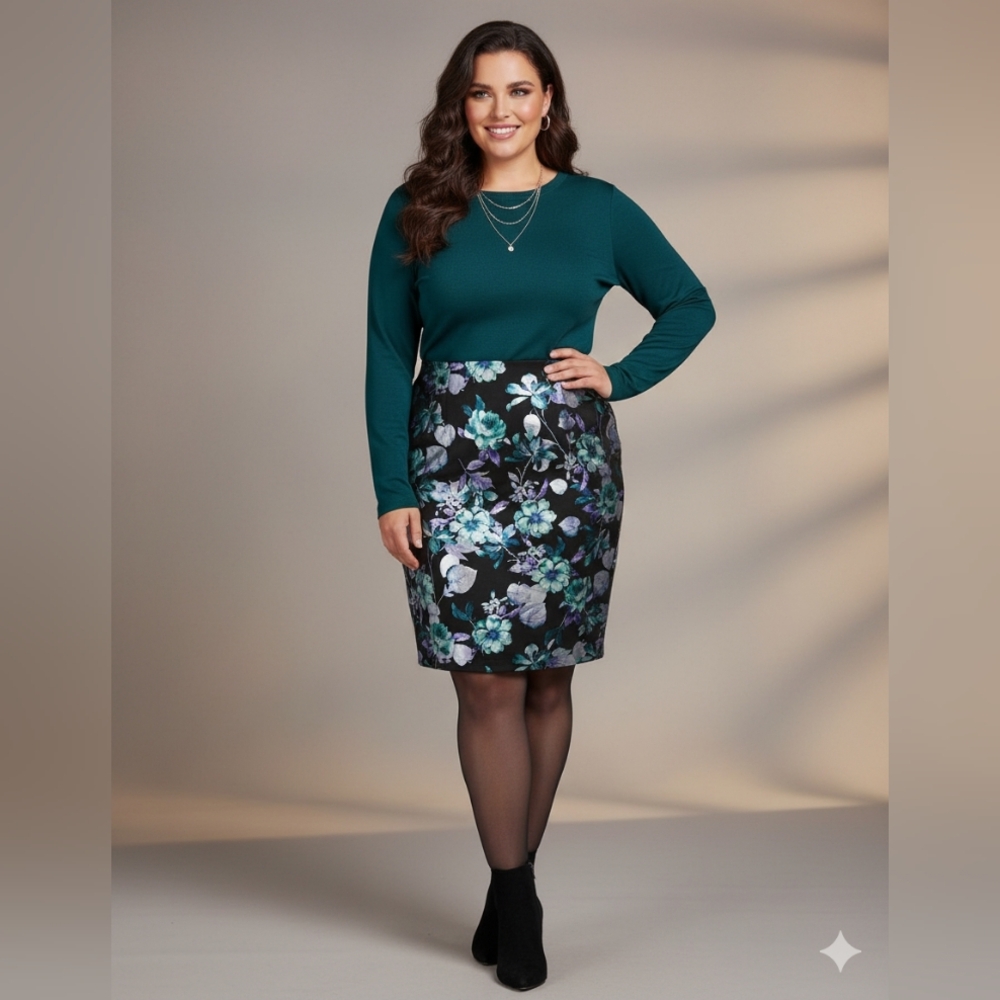 ECI New York Black and Silver Floral Pencil Skirt‎ New 3X